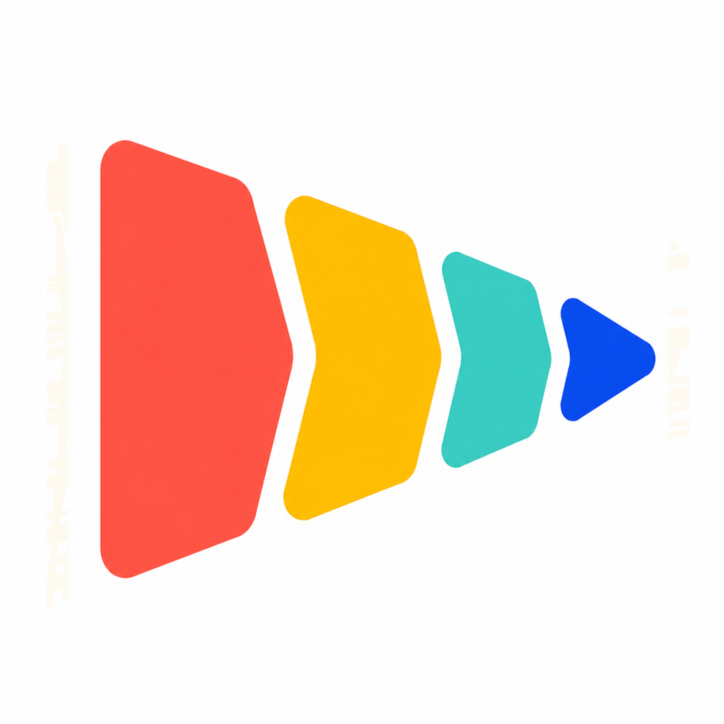 Forwardish arrow mark in warm red, yellow, teal, and blue